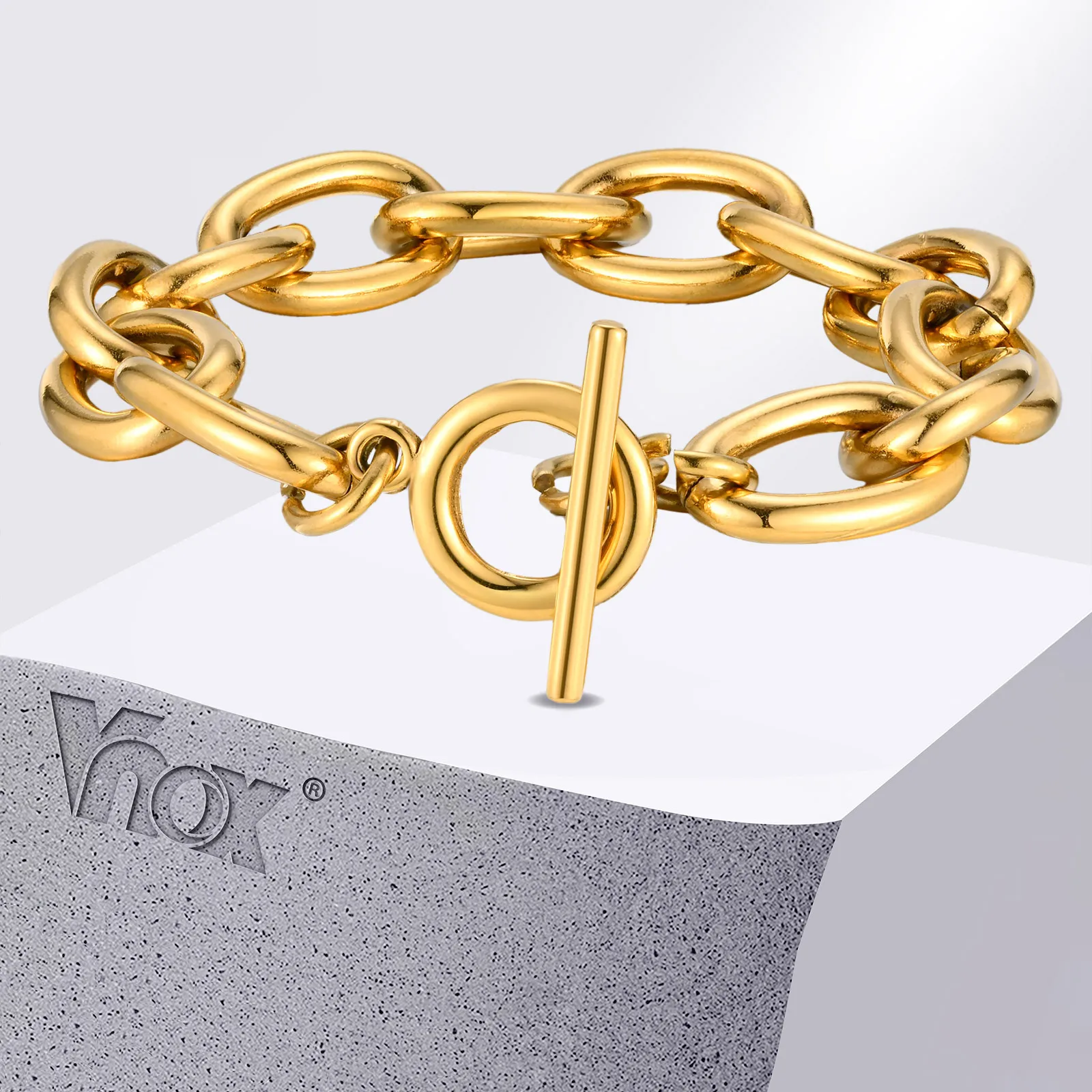 Vnox klobige PVD-Edelstahl-Armbänder mit kräftiger Kabelkette und T-Stangen-Knebelverschluss, modische Armbänder im Ins-Stil