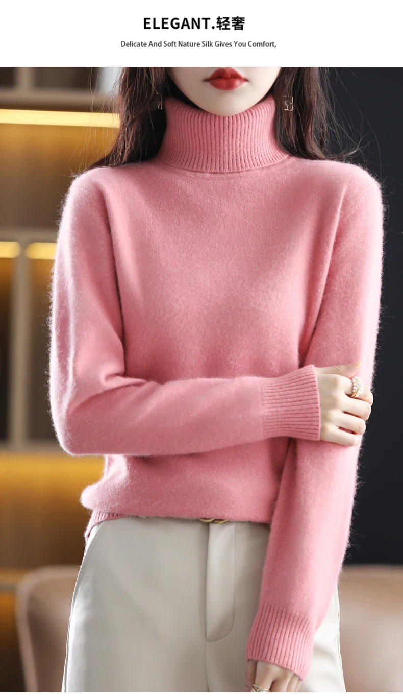 Winter Women's Sweater High Neck Pullover Mink Cashmere Knit Long Sleeve Warm Solid Color Fashion Warm Loose 2023 New Bottom Top