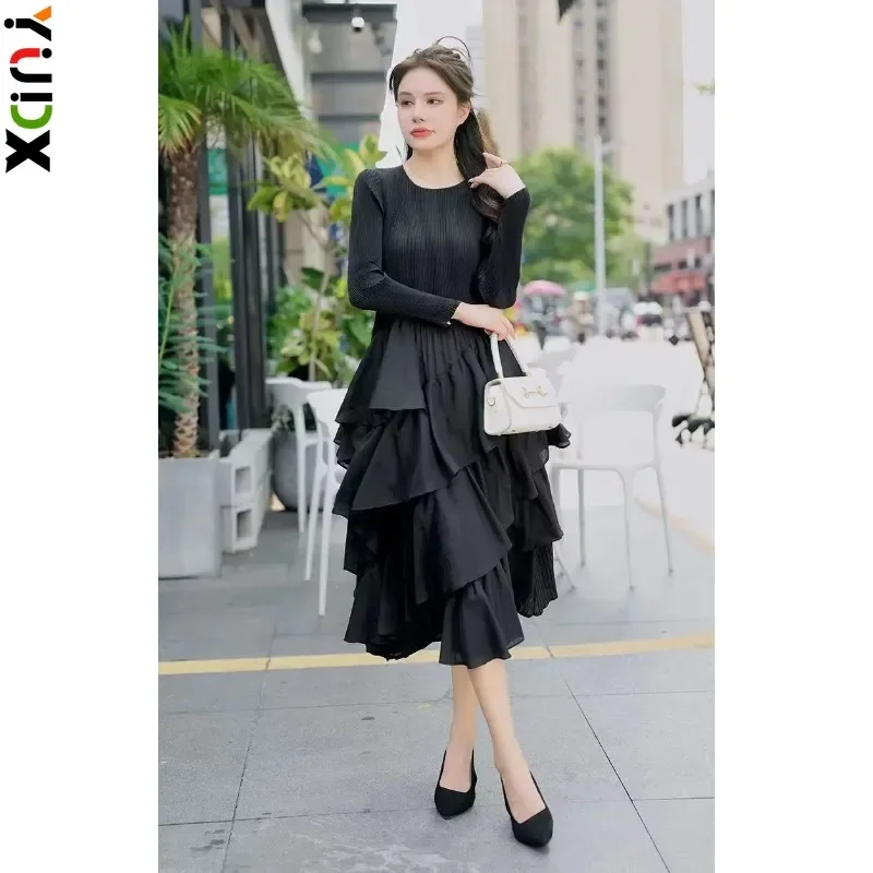 

YUDX Miyake Ruffled Irregular Ruffled Women Maxi Dress Loose Round Neck Long Sleeve Mid Length Casual Party Vestidos 2023 Summer