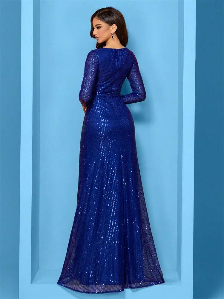 Luxury Blue Evening Dresses Women Elegant 2025 Long Sleeve Mermaid Formal Sequins Prom Wedding Party Cocktail Graduation Gowns 2