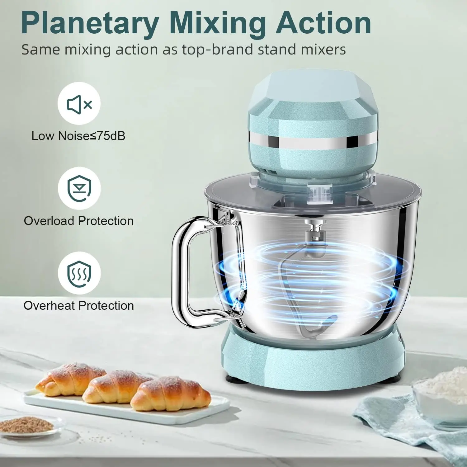 Electric Stand Mixer,10+p Speeds With 6.5QT Stainless Steel Bowl,Dough Hook, Wire Whip & Beater,for Most Home Cooks,Blue 3