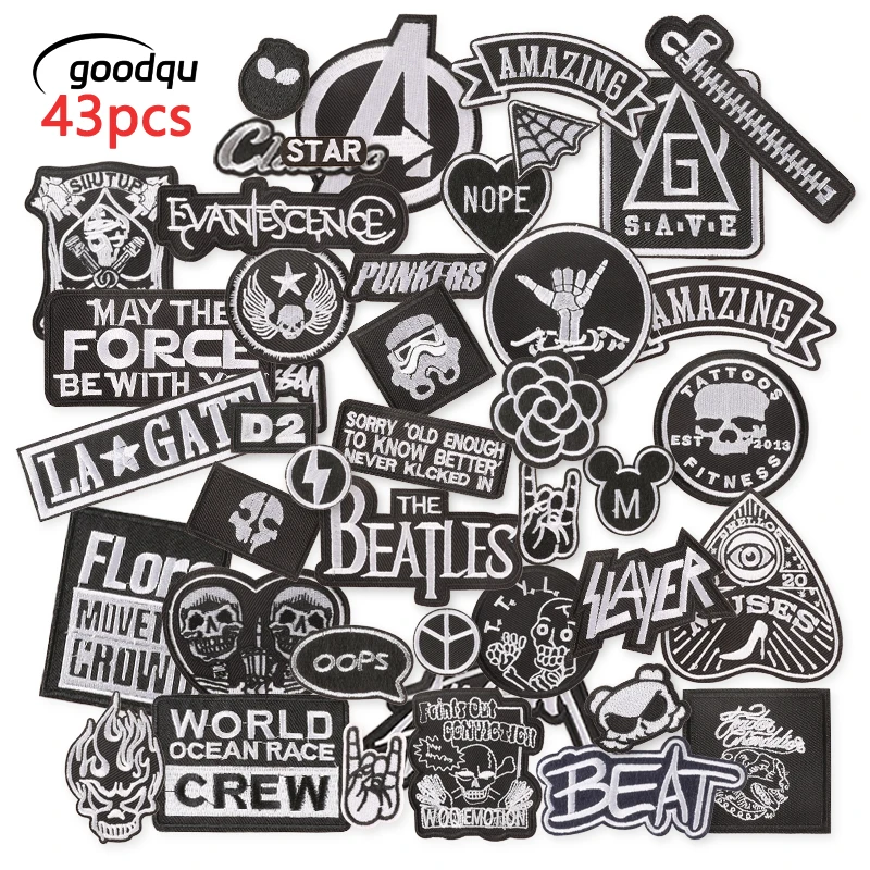 43pcs Black & White Iron-On Skull and Letter Patches – DIY Embroidered Appliques Pack