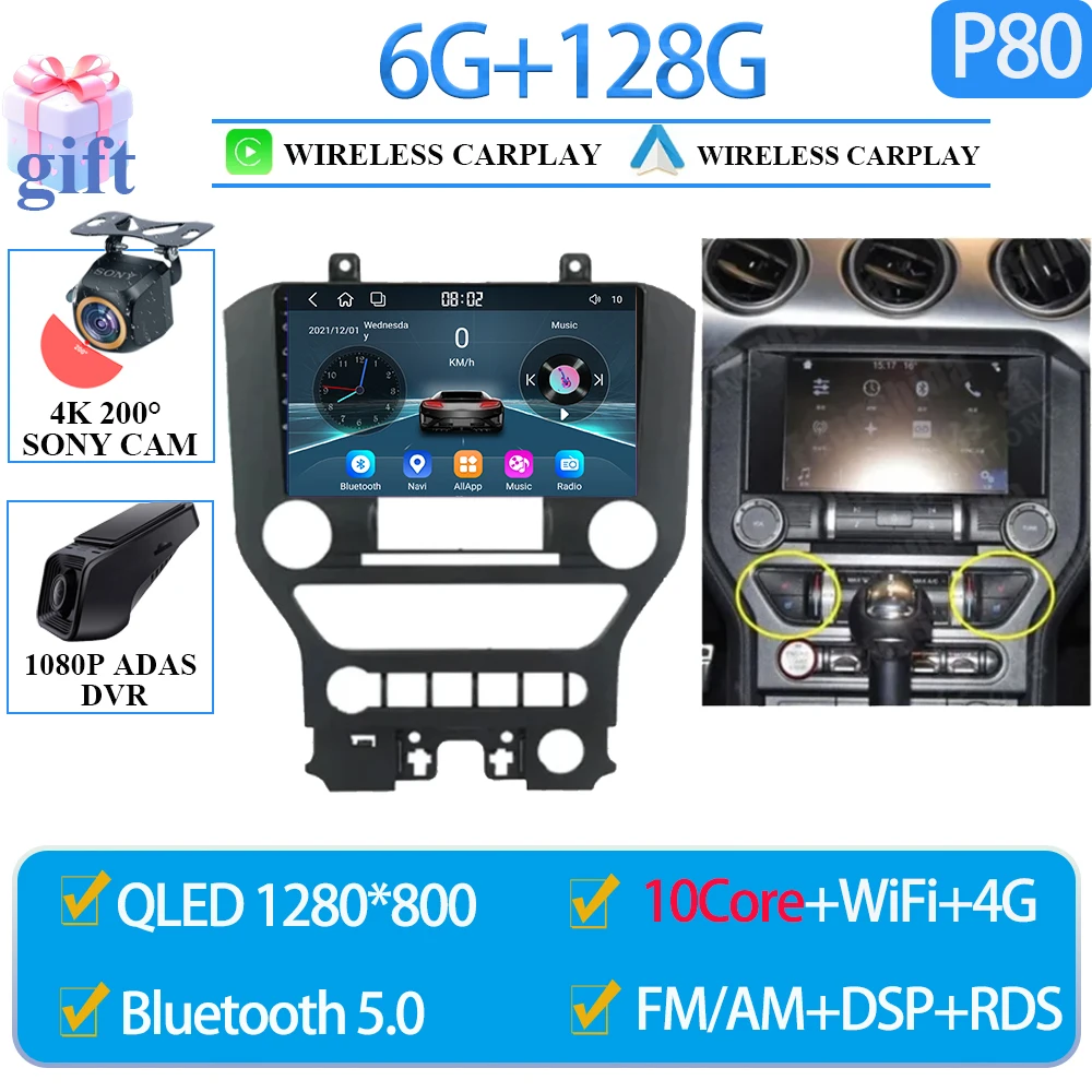 Radio con GPS para coche, reproductor multimedia estéreo con cámara, Android 14, DVD, para Ford Mustang S550 2014-2021, WiFi, 2DIN, 4G, BT