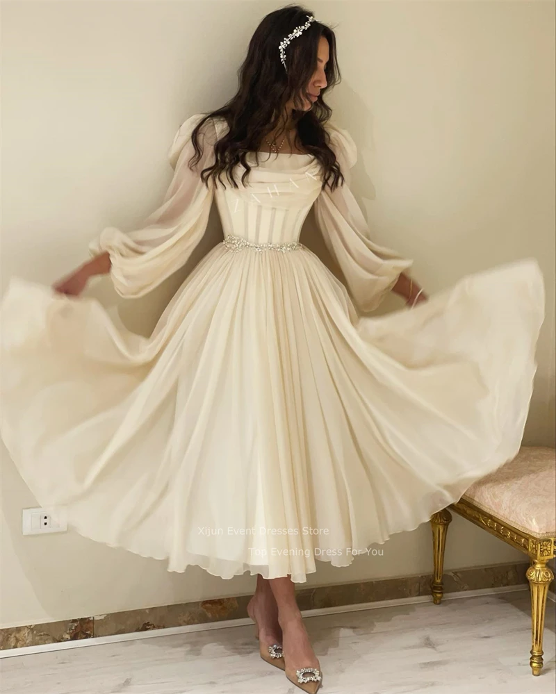 Women Prom Dresses Chiffon Long Sleeves Prom Dresses Pleats Crystal Beaded Prom Gowns Formal Party Elegant Gowns Dubai Evening Dress
