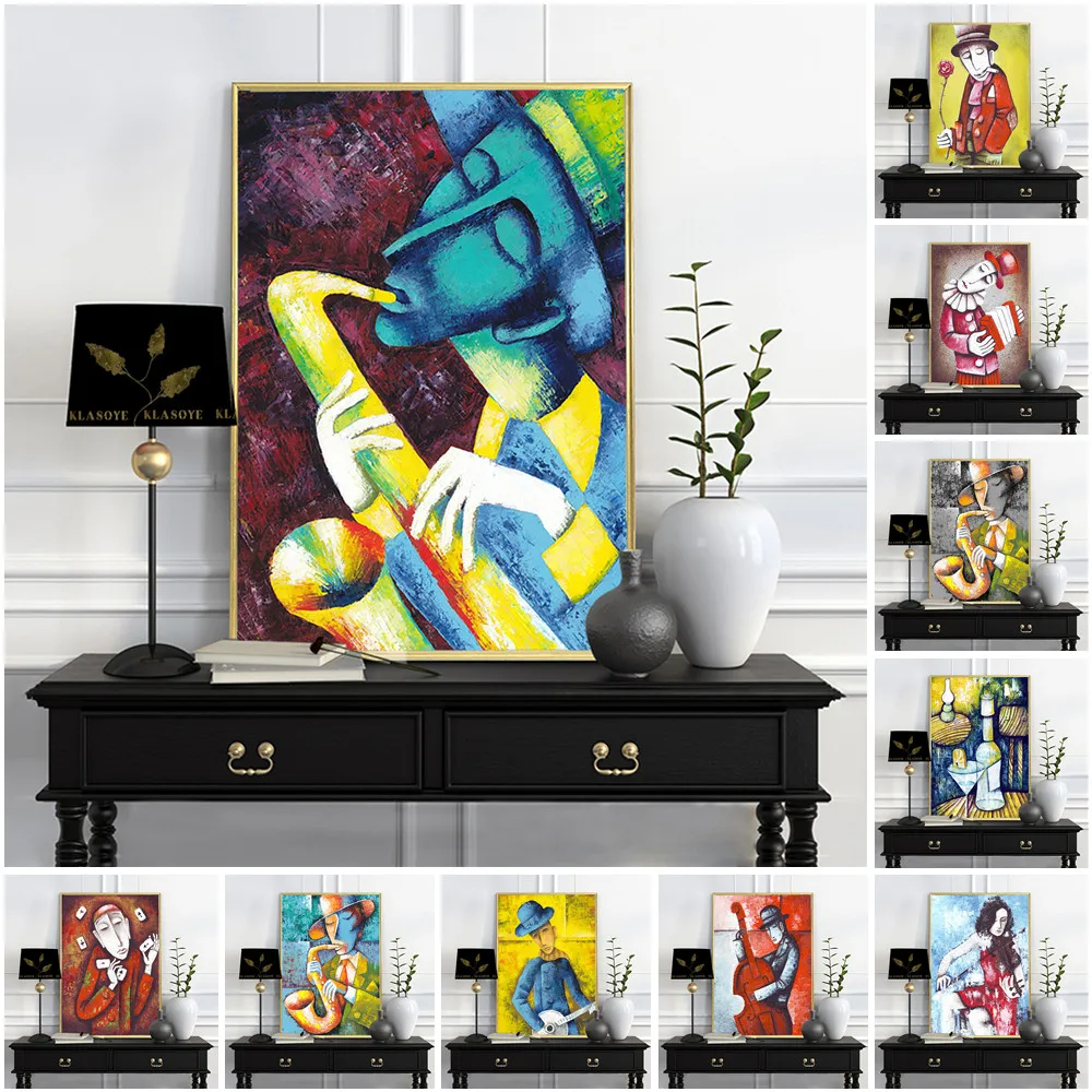 

Vintage Abstract Saxophone Man Art Print Poster Violin Woman Canvas Painting Bar Pub Club Wall Picture Decor