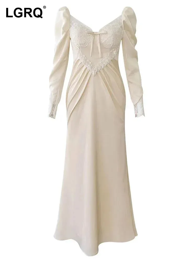 

LGRQ Women's Strapless Lace Patchwork Dress Fashion Long Sleeve Pleated High Waist Elegant Dresses 2024 Autumn New Clothing