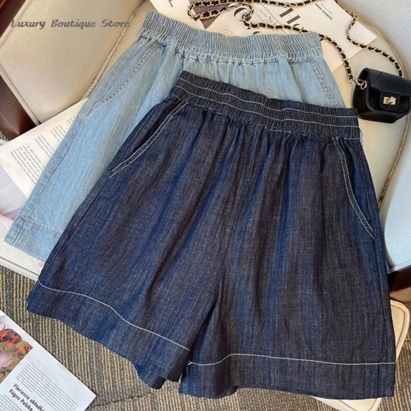 Short Sleeve Lapel Shirts + Elastic Waist Shorts Thin Denim Summer 2 Piece Set Single Breasted T-shirts Trouser Women Outfits
