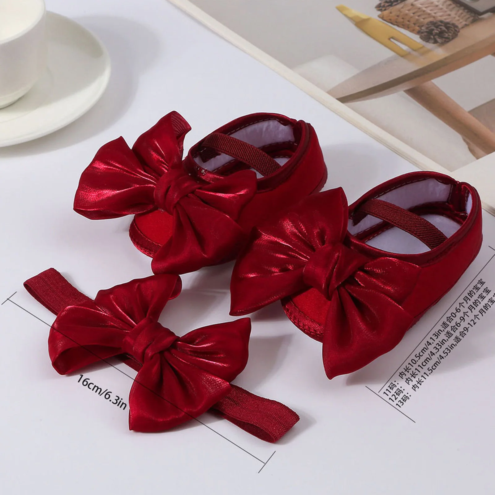 Princess Bowknot Baby Girls Baptism Shoes with Headband Cute Shiny Mary Jane Flats and Hairband Soft Sole Kids First Walkers 6