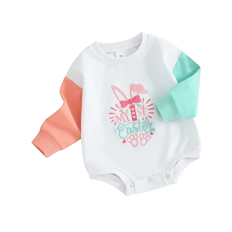 

Baby Girl Easter Outfit Long Sleeve Crewneck Letters Bunny Print Sweatshirt Romper Newborn Spring Clothes