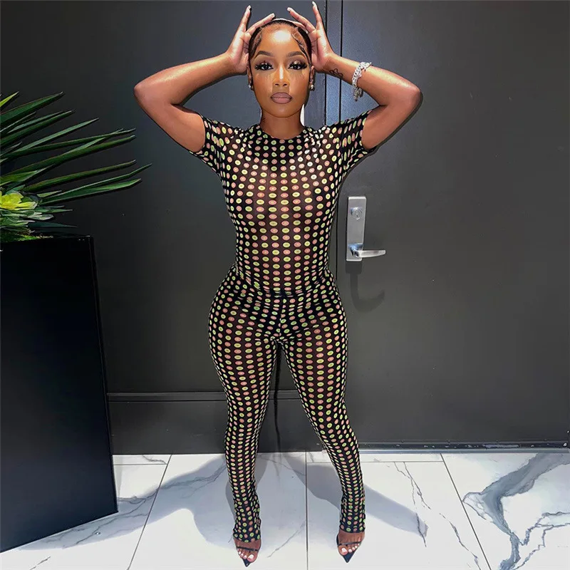 

Colorful Polka Dots Print Tracksuit Women Two Piece Set 2023 Summer Short Sleeve T Shirt Tops See Through Mesh High Waist Pants