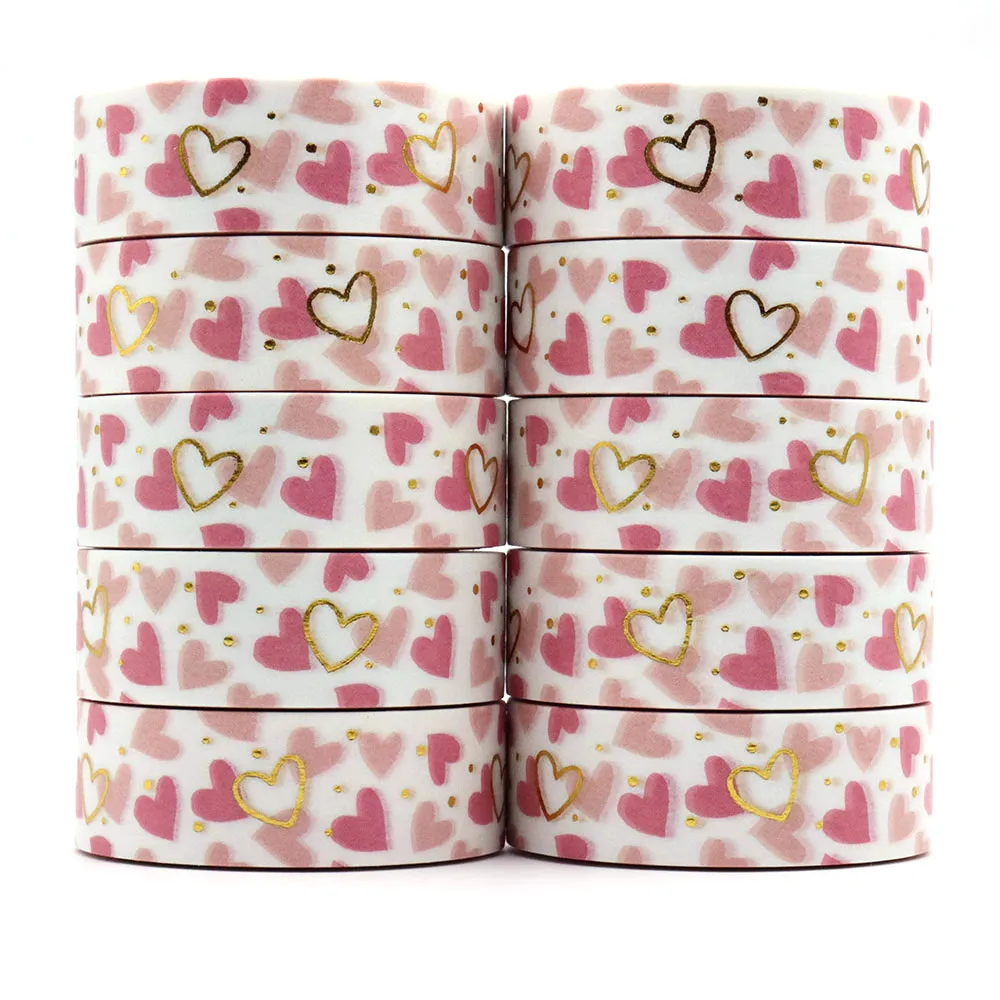 

NEW 10pcs/Lot 15mm*10m Gold Foil Valentine Scattered Hearts Decorative Washi Tape Stationery Colourful Tape Office Supply