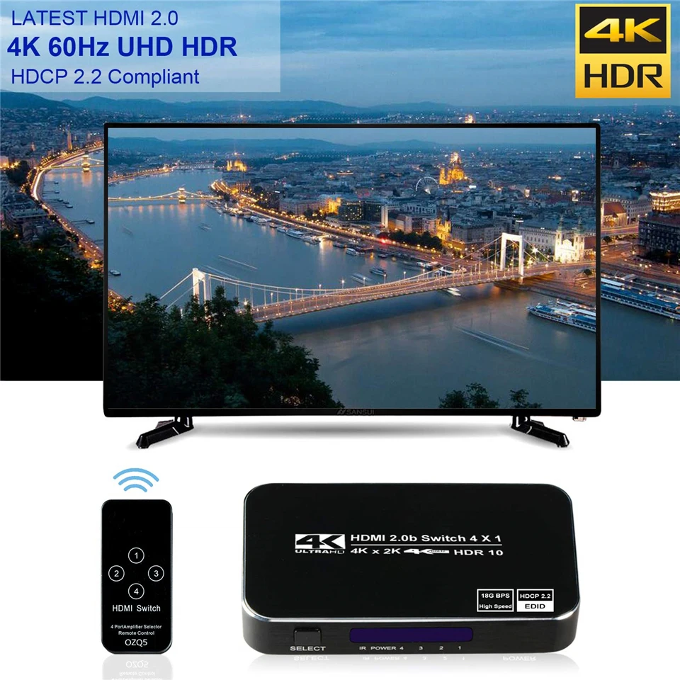 4K HDTV Splitter 4 In 1 Out 4 Port HD Switcher Selector HD Cable Supports Full H