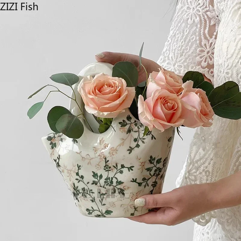 Flower Texture Ceramic Vase Handbag Shaped Flower Pots Desk Decoration Flower Arrangement Floral Vases Room Aesthetic Decor 2