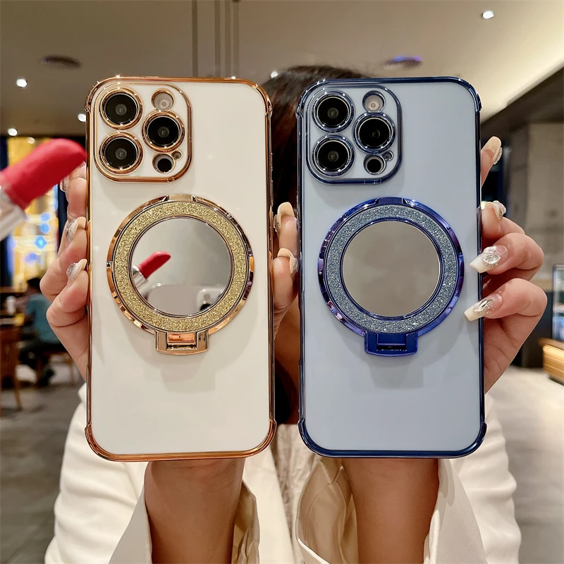 Luxury Plating Cute Flowers Glitter Phone Case with Stand and Soft Bumper Protector