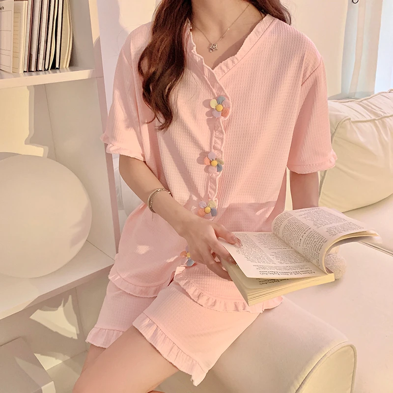 Summer cardigan V-neck pajamas women's short sleeved cotton like sweet girls' home clothes two-piece ruffle cute pajamas