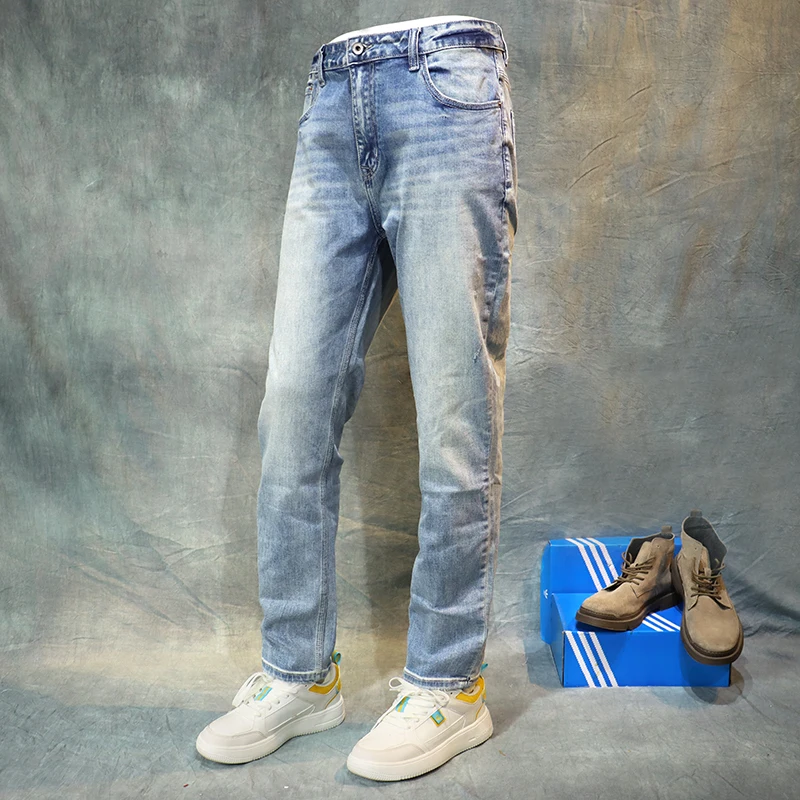Fashionable men's jeans retro light blue elastic slim fit slit jeans men's high-quality retro designer casual classical denim pa
