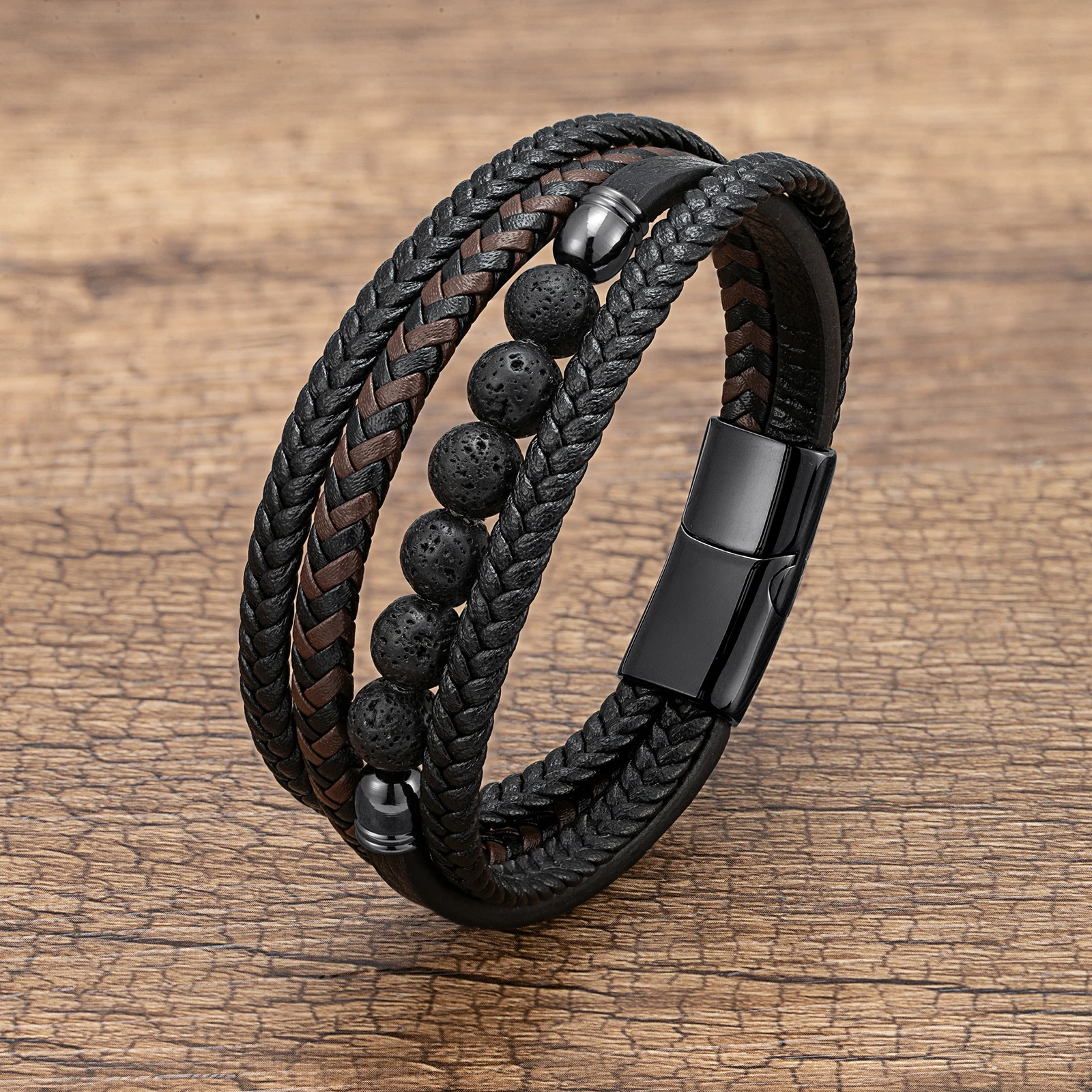 Natural Round Lava Stone Beaded Charm Bracelet Men Multilayer Woven Leather Bracelet Fashion Tiger Eye Jewelry Boyfriend Gift