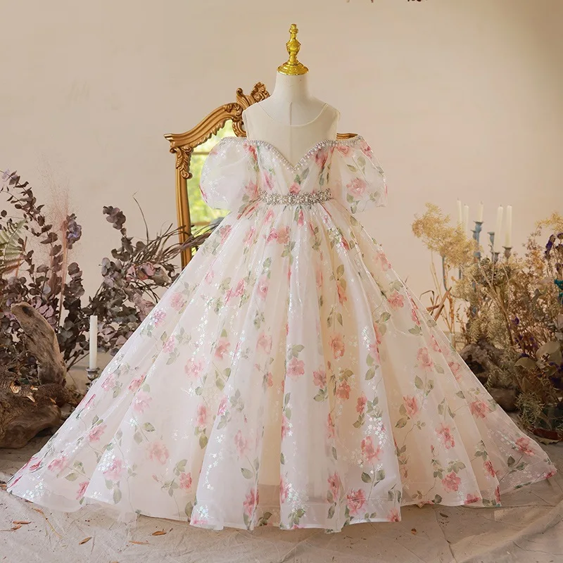 

2023Flower Girl Floral Long Dress Vintage Children Dresses For Wedding Party Formal Ball Gown Kids Evening Bridesmade Prom Dress