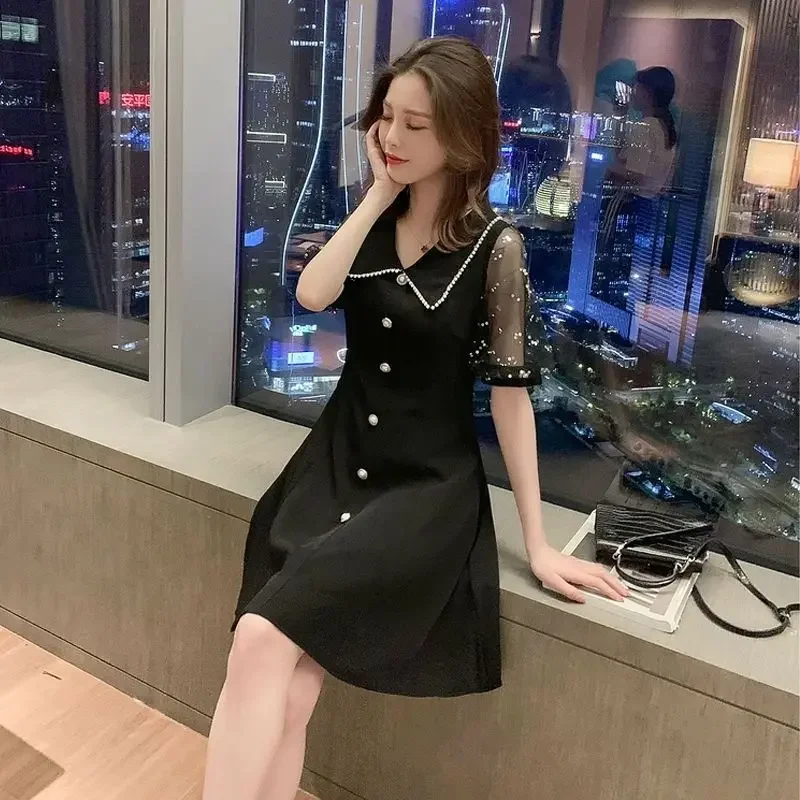 

Новое изящное Сетчатое приталенное платье с жемчужинами и коротким рукавом, модное женское платье, женское платье