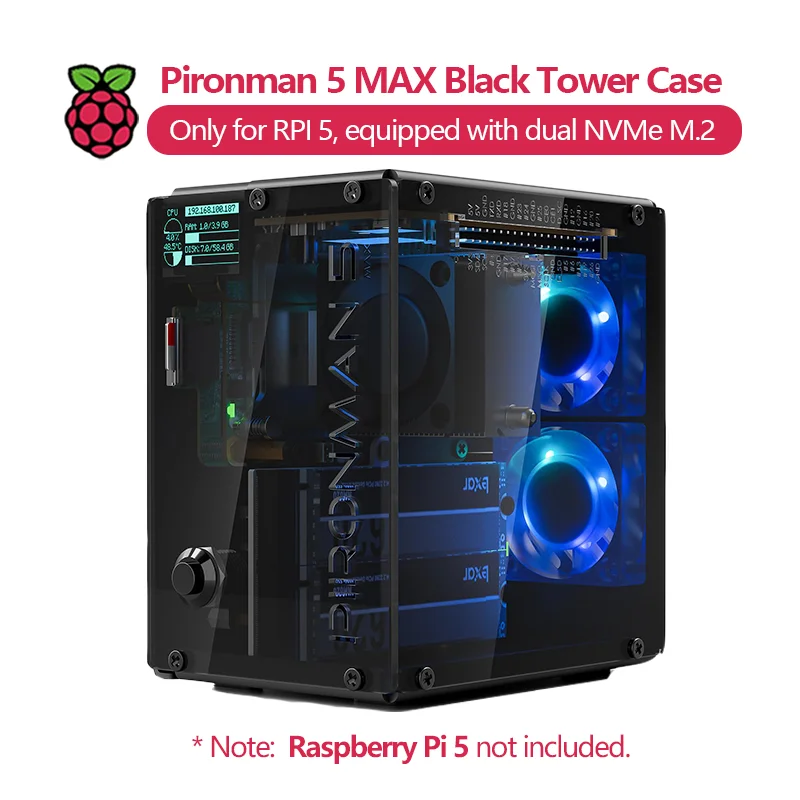 Pironman 5 MAX, Black Tower Case for Raspberry Pi 5, equipped with
