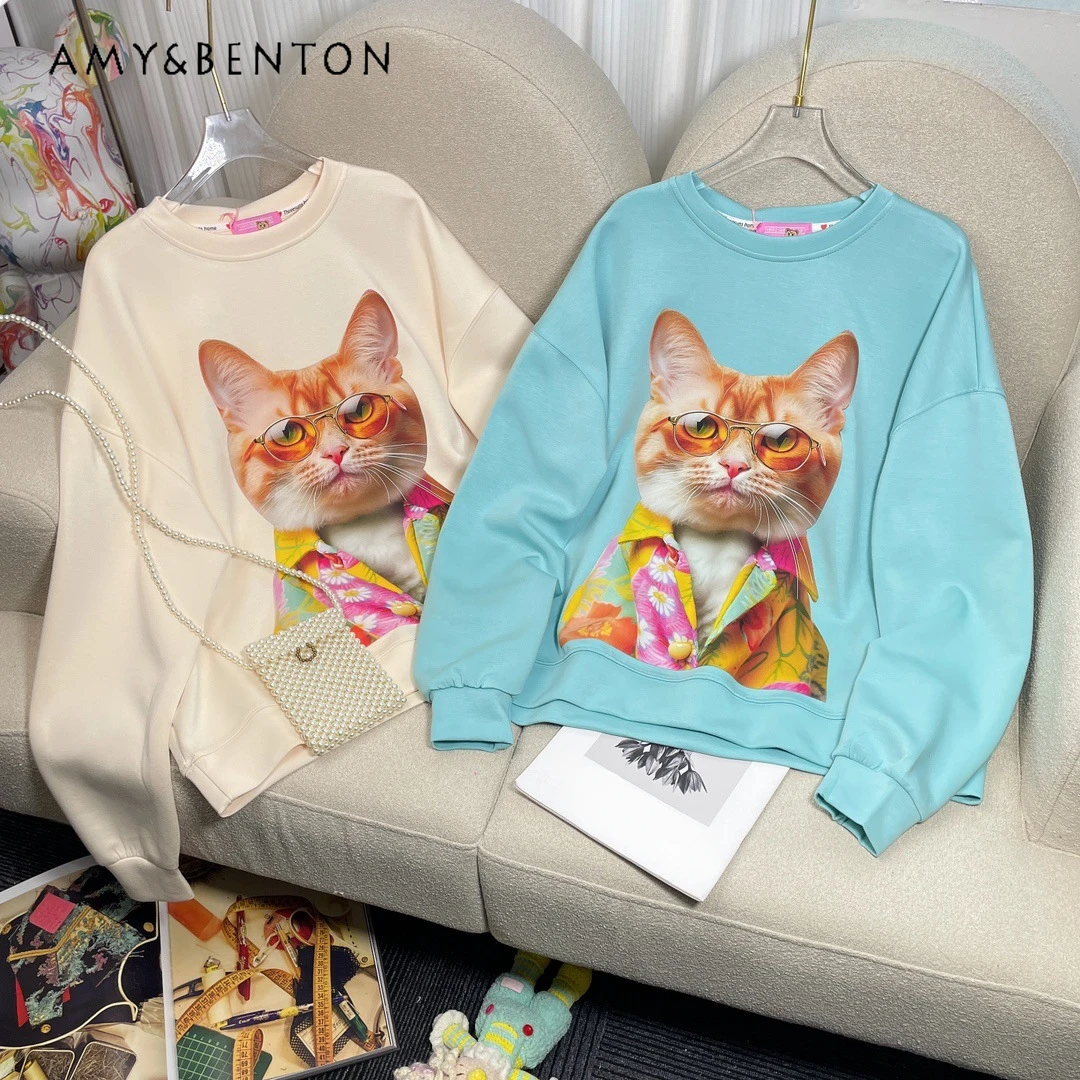 2023 Autumn Winter New Product Hoodies Sweet Cool Cartoon Handsome Cat Printing Couple Casual All-Match Round Neck Sweatshirts