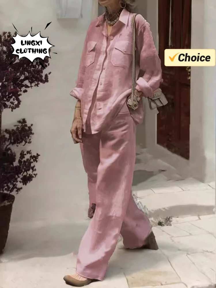 2024 Summer Fashion Women's New Style Matching Series Flip Collar Cotton Linen Solid Pocket Shirt Wide Leg Pants Two Piece Set