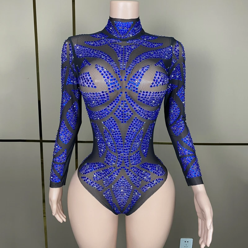 

Sexy Short Sleeves Stretch Clothing Blue Rhinestones Bodysuit Women Party Rave Outfit Nightclub Dj Ds Gogo Costume XS6979
