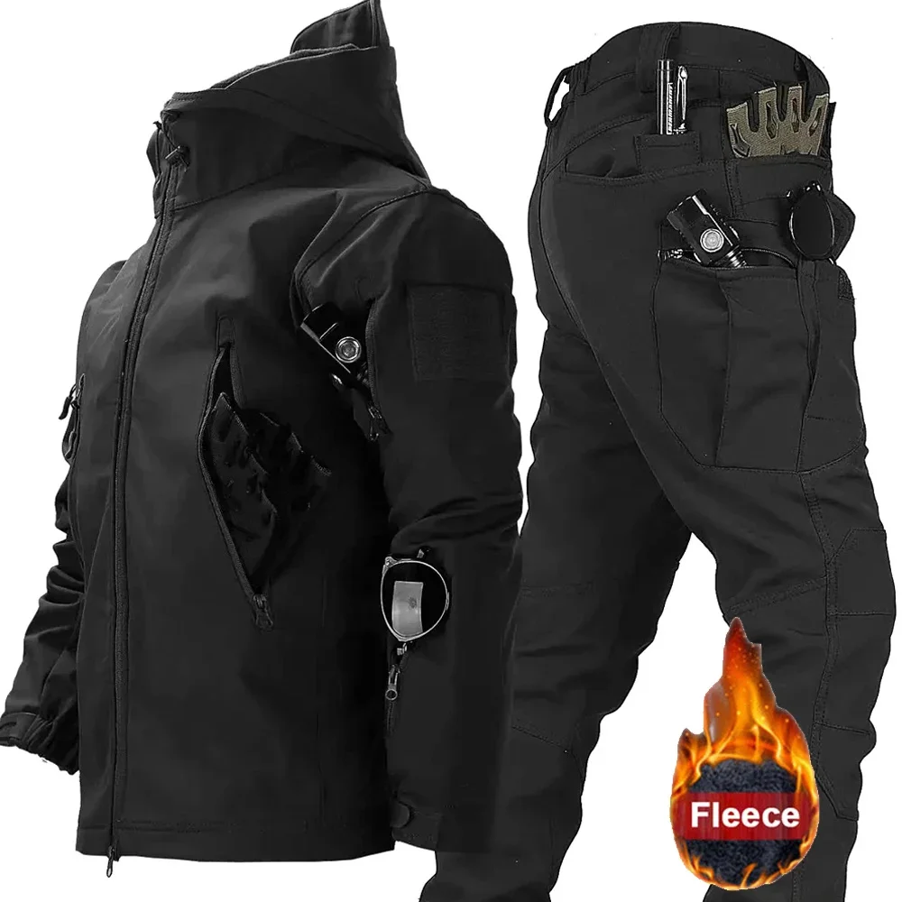 Set Da 2 Pezzi Per Uomo Set Di Pantaloni Da Lavoro Tute Da Allenamento Militari Tattiche Giacca Da Motociclista Invernale Tasche Impermeabili In Pile 