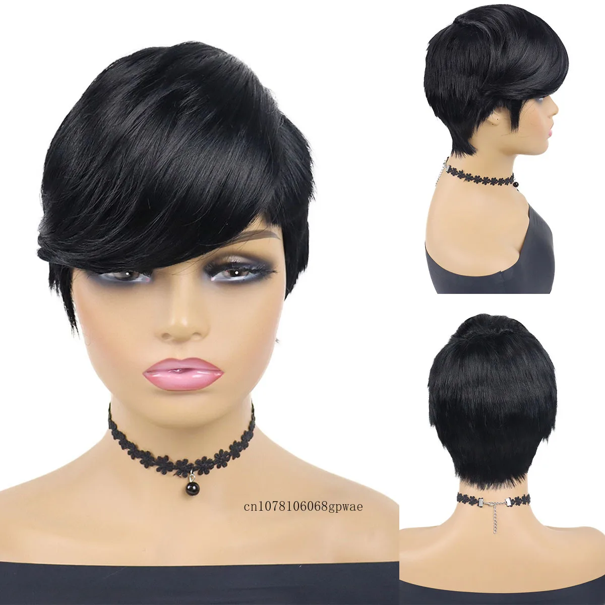 여성용 합성 헤어 픽시 컷 가발, 앞머리 포함, 짧은 블랙 가발, 내추럴 스트레..