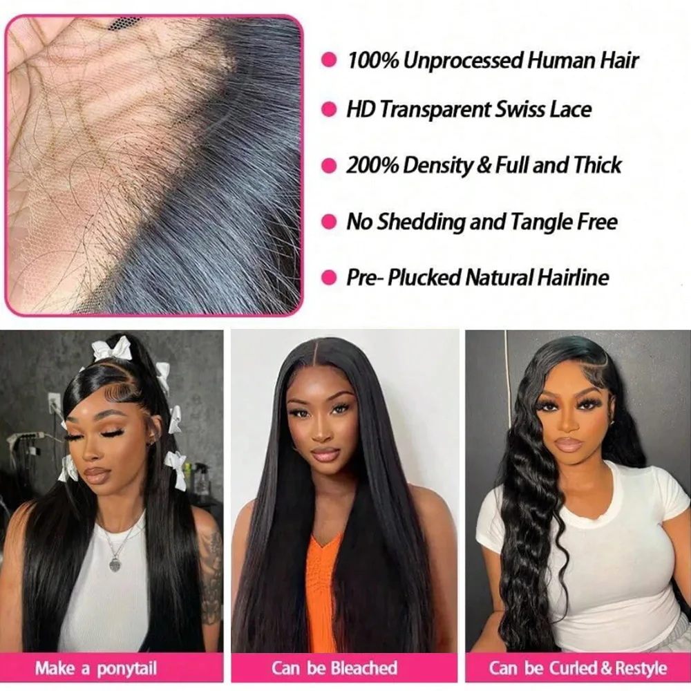 13x6 Straight Lace Front Wig Human Hair Pre-Plucked 13x4 HD Transparent Lace Front Wig Human Hair 200% Density for Women