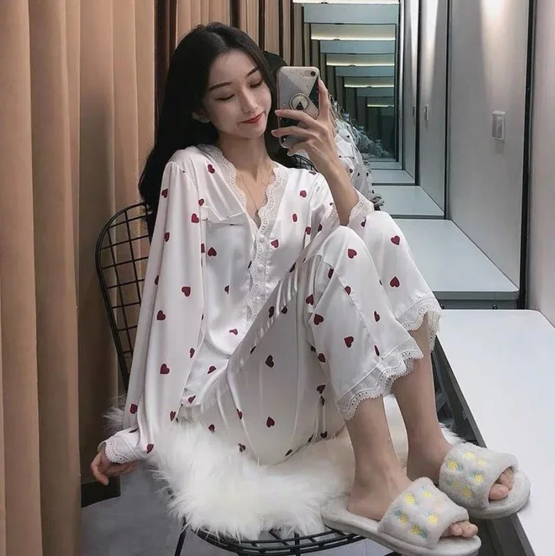 2 Pcs/Set Home Suit Pajamas for Women Sleepwear Female Long Sleeve Trousers Satin Silk Nightwear Suit Pijamas Pajama Set Women