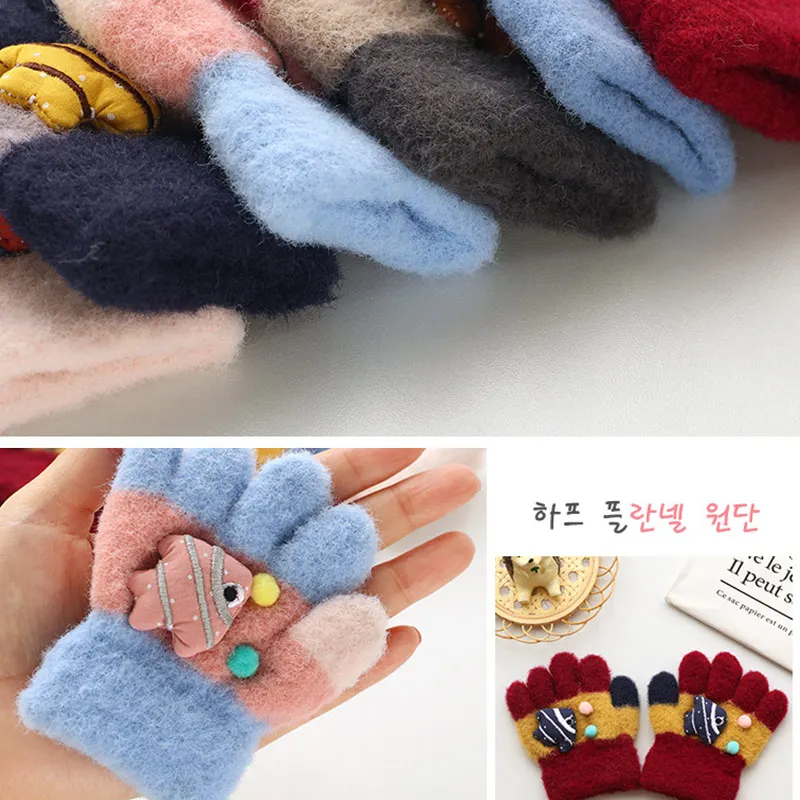 3D Doll Children Gloves Thick Baby Plush Gloves Cute Cartoon Toddler Five Finger Mitten 0-3year Boy Girl Kids Winter Hand Warmer 3