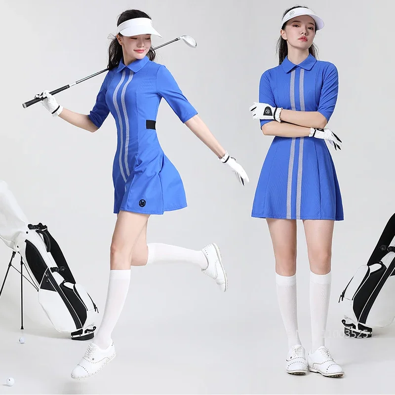 MG Golf Polo Dress Women Half Sleeves A-lined Dresses Slim High Stretch Quick Drying Stripe Skirt Lady Tennis Golf Apparel