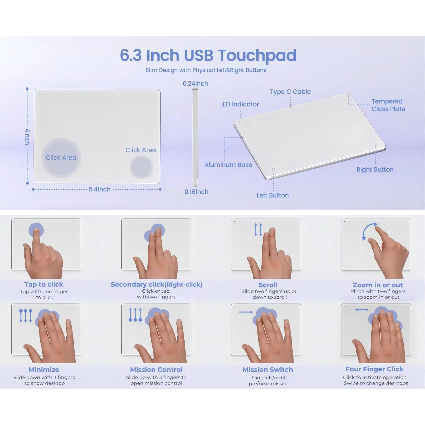 Wired Trackpad with Multi-Touch High Precision Navigation,Aluminum Glass Surface Wired Touchpad for Windows 10/11