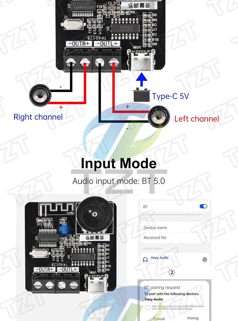XH-A164 PAM8403 Bluetooth 5.0 Digital Power Amplifier Board 5V Typ-C 5W+5W Dual Channel Audio Amp für Auto Lautsprecher Subwoofe – Detail 2