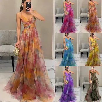 Spring Summer 2025 New Style Mesh Print Halter Dress Vacation Casual Party Dress Korean Fabric Print Puffy Skirt Midi Dress 1