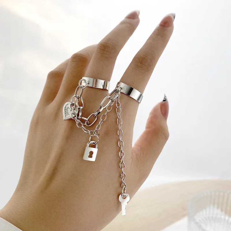Adjustable Ring Punk Rings Set Finger Ring Women Chain Finger