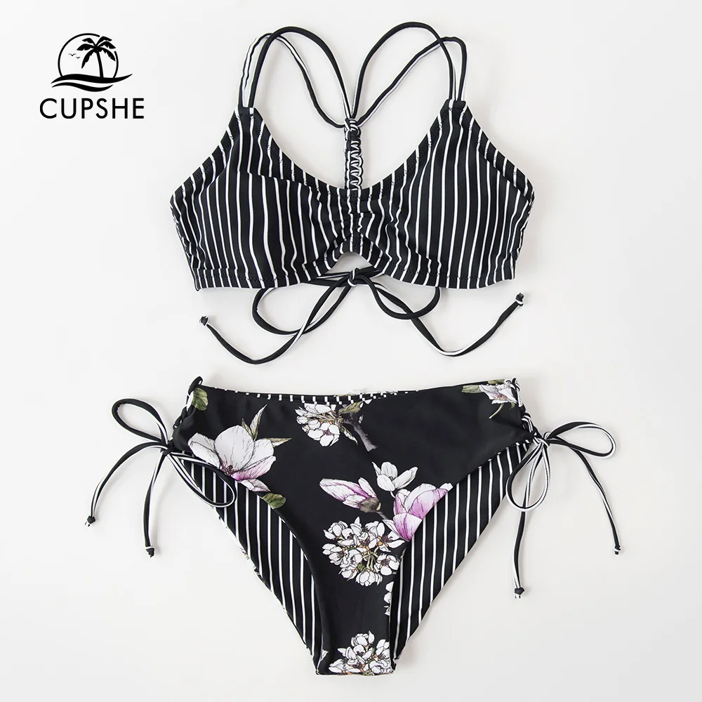 Women Bikini Sets Cupshe Reversible Bottom Low Waist Sexy Lace Up Swimsuit Two Pieces Beach Bathing