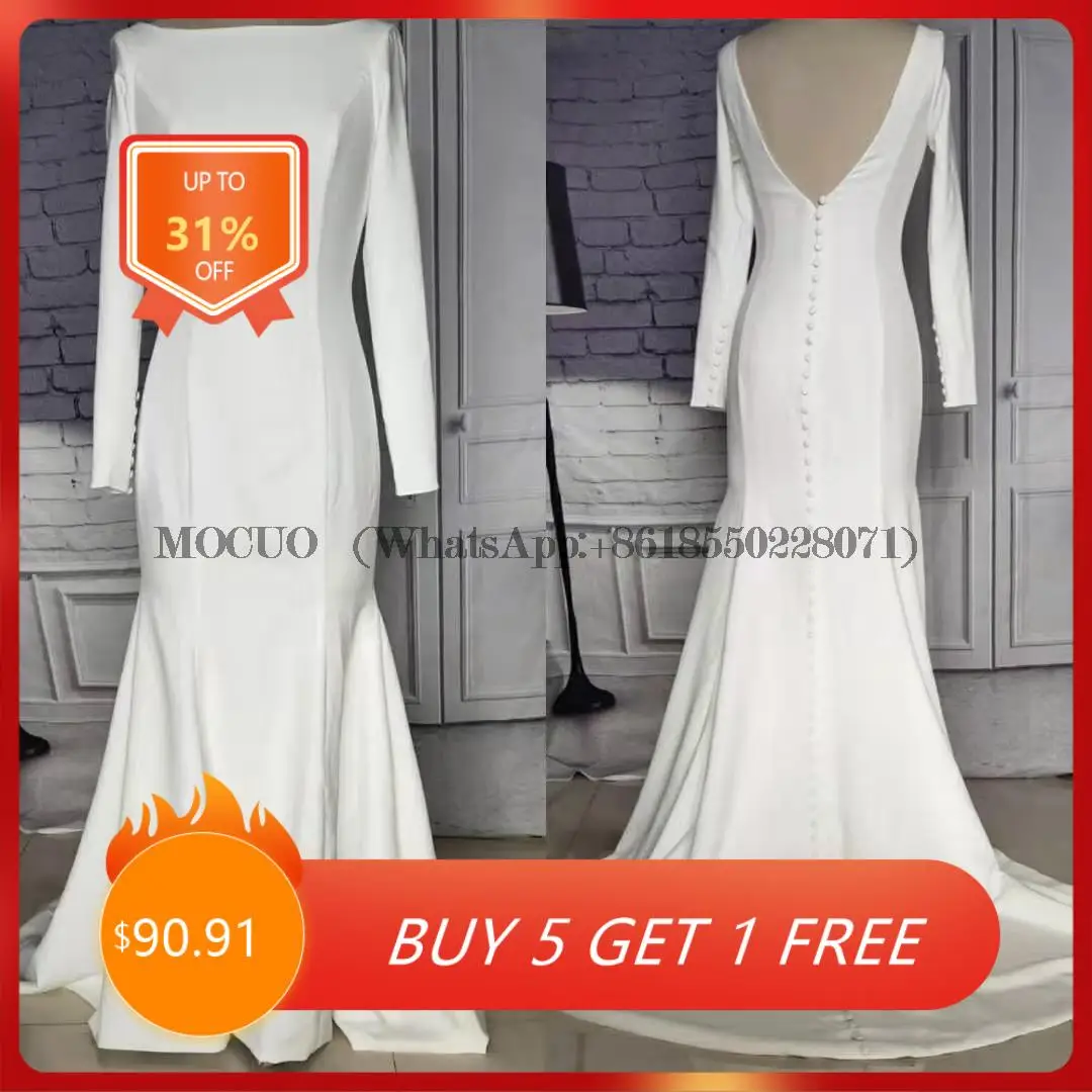 

Vintage Stretchy Long Mermaid Wedding Dresses with Sleeves O-Neck Floor Length Buttons Back Sweep Train Bridal Gown for Women