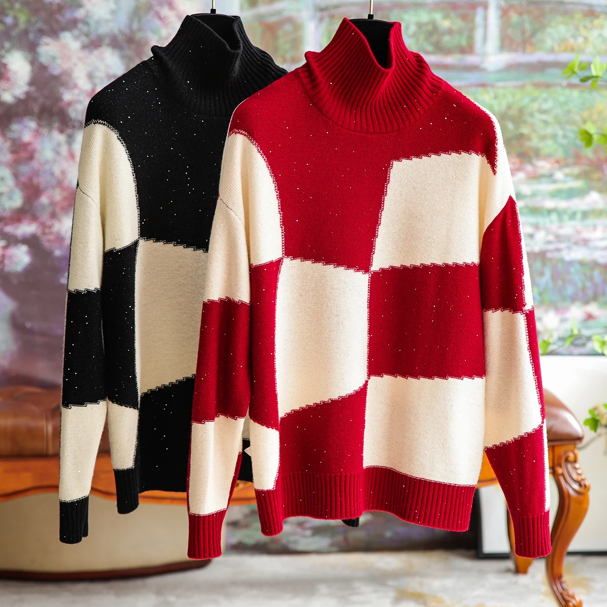 

Women's Pullover High-neck Red Sequins Wool Loose Sweater Female Autumn and Winter 2023 New Commuter Hundred Personality Tops