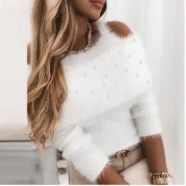 

Women's Elegant Sweater Top 2024 Early Spring Latest Solid Color Bubble Bead Shoulder Strap One Line Neck Versatile Sweater