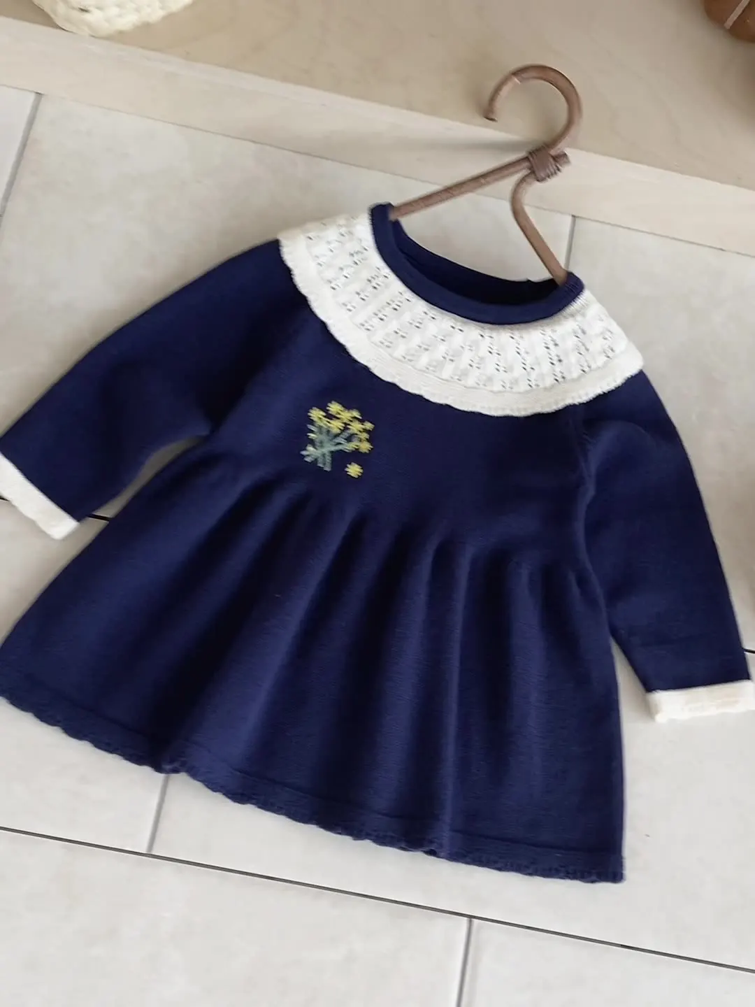 Navy Sweater Knit Dress for Kids with Ruffle Collar
