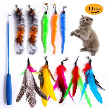 11pcs Cat Feather Toy Replacement Set with Retractable Wand 1
