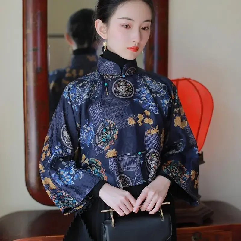Chinese Traditional Cheongsam Tops Women Blue Thin Printed Stand Up Collar Long Sleeved Modified Hanfu Tops
