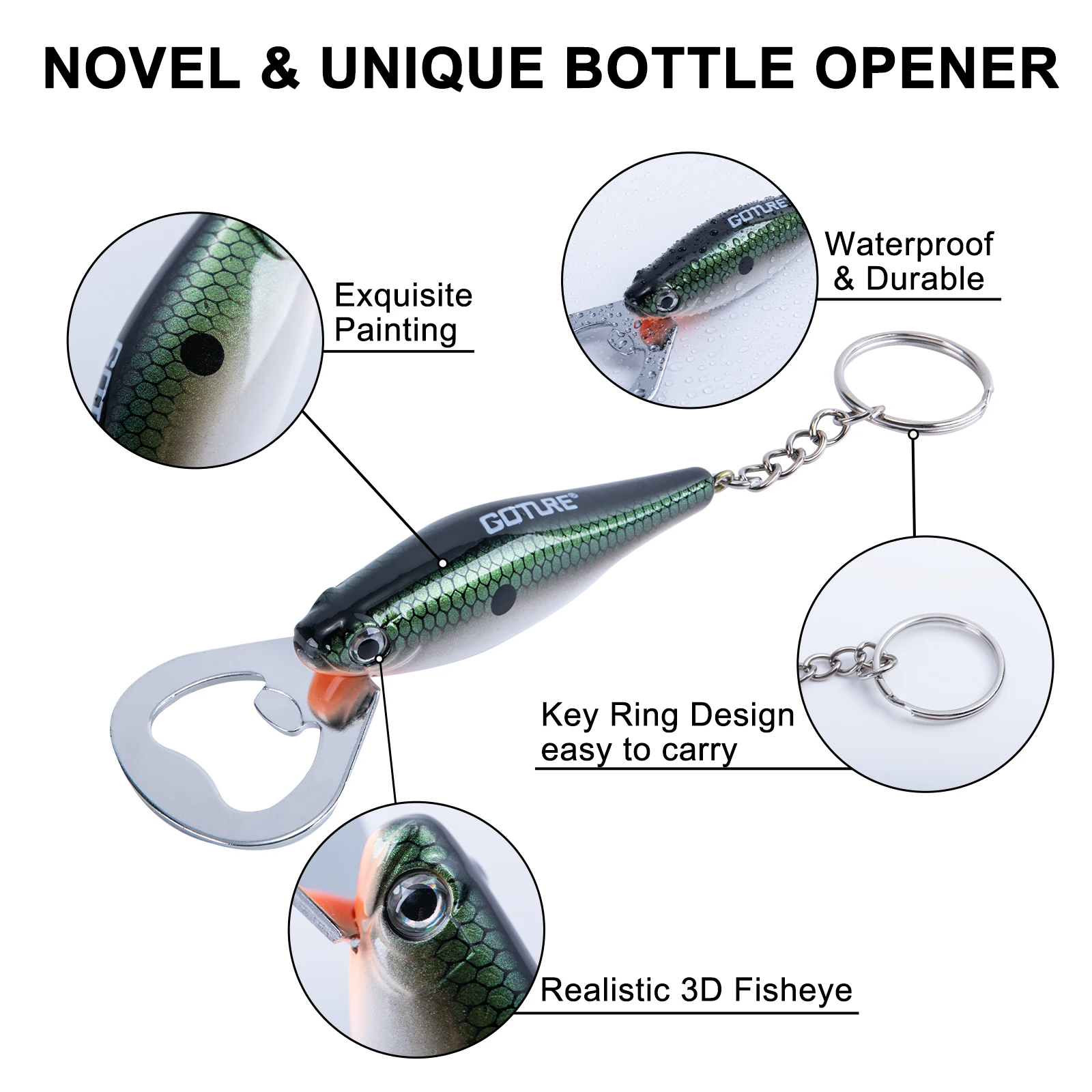 Goture Fishing Lure Shape Bottle Openner Waterproof Durable Exquisite Painting Realistic 3D Eye Openner With Key Ring Design fishing tools fishing accessories fishing tool fishing tackle