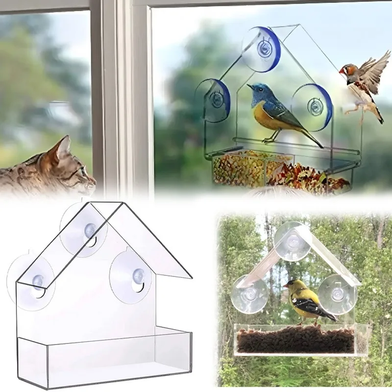 Acrylic Bird Feeder Window Apartment Hanging Bird Feeder with Suction Cup Removable Suction Cup Sliding Feed Tray Parrot Cage