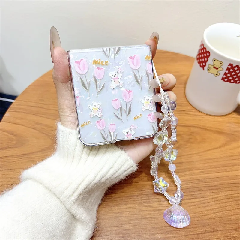 Tulip Flower Shell Phone Bracelet Case with Lanyard Wrist Strap Cover
