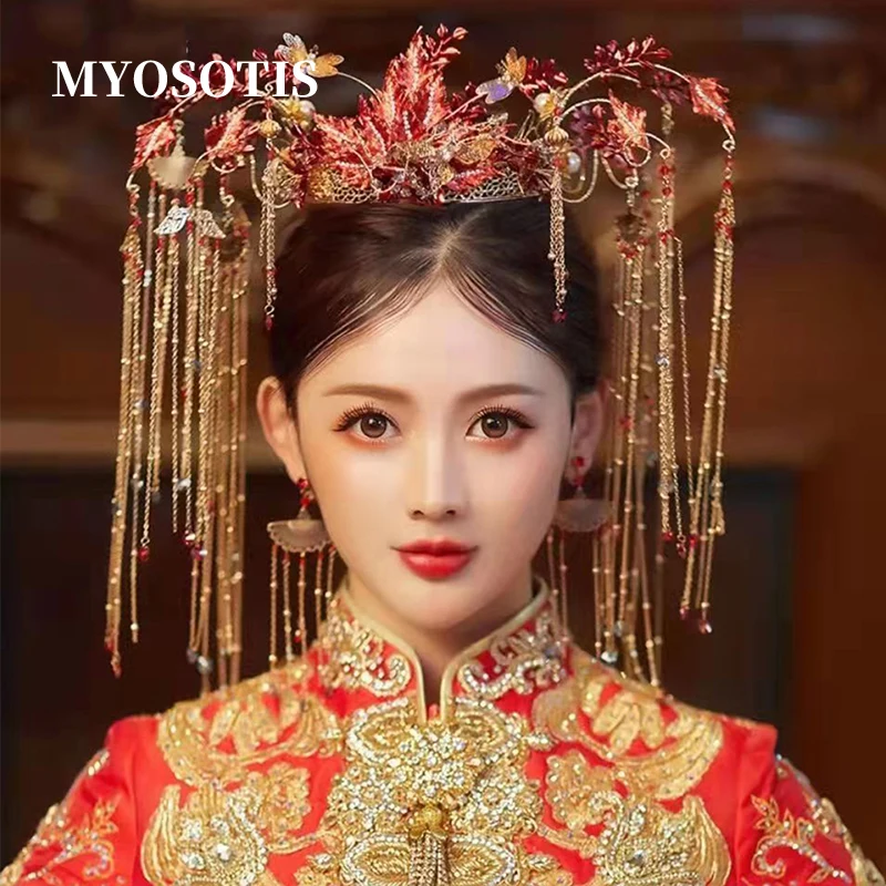 

Chinese Vintage Wedding Phoenix Bridal Hair Crown Ancient Tassel Xiuhe Suit Hanfu Wedding Headpiece Accessories