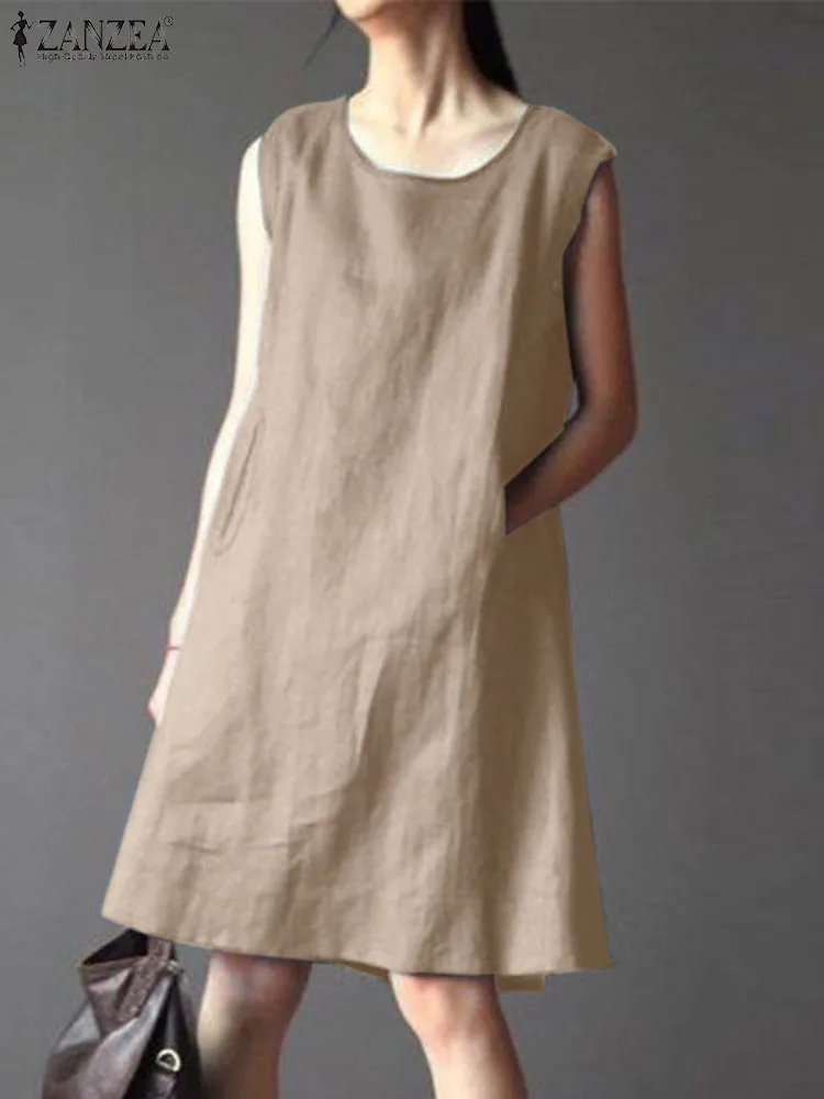 

ZANZEA Summer Tanks Dress Women O Neck Sleeveless Vestido Fashion Work Holiday Dresses Casual Solid Knee Length Robe Sarafans