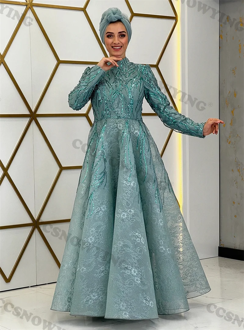 

Lace Appliques Beaded Muslim Evening Dresses Long Sleeve Hijab Islamic Formal Party Gown Arabic Dubai Women Robes De Soirée